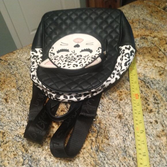 Luv Betsey Johnson Kitsch Backpack Leopard Cat Medium Bag Purse Black White - Picture 12 of 14